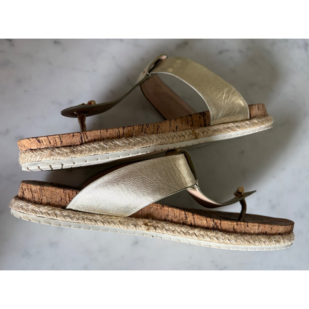 Tory Burch Thora Metallic Gold Thong Sandals Cork Signature Logo Detail Sz 10.5 - Picture 4 of 11